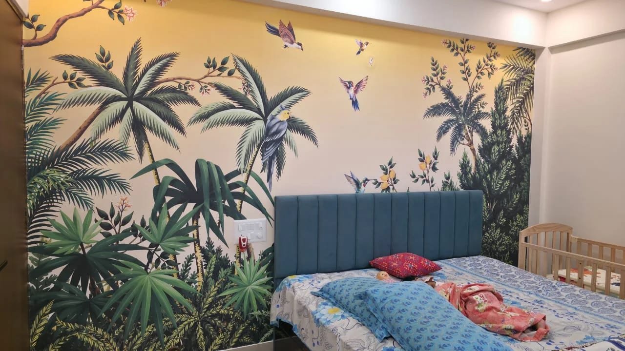 Bedroom with a botanical mural wall and an upholstered teal headboard