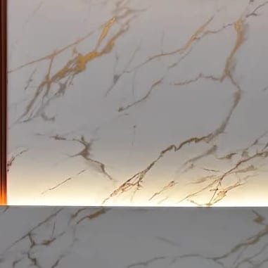 Marble-finish wall panel with warm backlighting